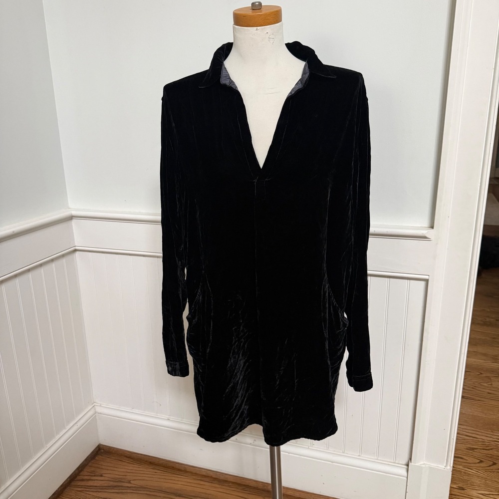 CP Shades Black Velvet Burnout Burnished Long Sleeve Shirt Dress Tunic M